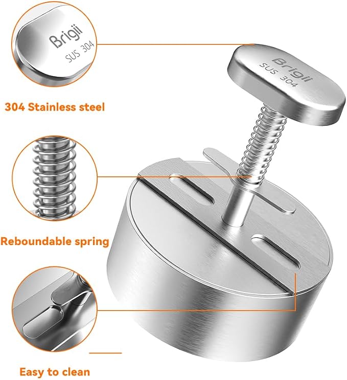 Brigii 304 Stainless Steel Burger Press, 4.5" Hamburger Press Patty Maker | Spring back design, thickness guide 100g-400g, easy release, no coating, no rust, dishwasher safe, for ground beef patties