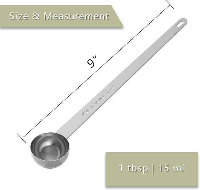 2PCS Extra Long Handle Coffee Scoop, 1Tbsp(15ml) Measuring Spoon | 9” Length, Food-Grade Stainless Steel, Accurate Measurement, Dishwasher-Safe, Engraved Marking, Coffee Ritual Essential