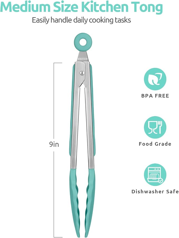 U-Taste Kitchen Tong for Cooking, 600ºF Heat-Resistant Tps, 9in/Aqua Sky | Rubber Tong for Serving Food, Salad/Grill/BBQ/Steak/Pasta Silicon Tongs, 18/8 Stainless Steel Handle & Smooth Locking