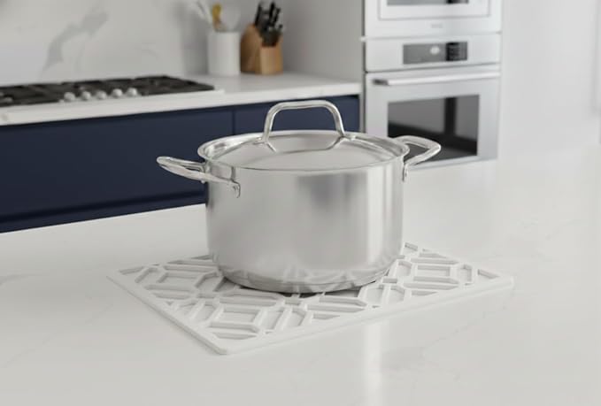 GASARÉ, Extra Large, Thick, Silicone Trivet for Hot Dishes, Pots, and Pans, Heat Resistant Mat for Countertop, Hot Pad for Kitchen, Easy to Clean, 16 x 12 x 3/8 Inches, (White, Geometric)