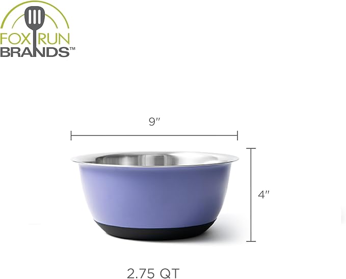 Fox Run Stainless Steel Mixing Bowl, 2.75 Quart Purple Mixing Bowl | Non-Skid Base For Easy Mixing | Cute Purple Design | Small Double Wall Stainless Steel Mixing Bowl For Temperature Retention