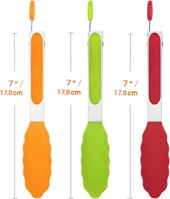 Small Silicone Tongs for Cooking, 3 PCS 7-Inch Mini Serving Tong | 600℉ Heat-Resistant,Non-Stick,Stainless Steel Tongs with Silicone Tips,Cooking Tongs for Salad/Buffet/Serving Food,Heavy Duty
