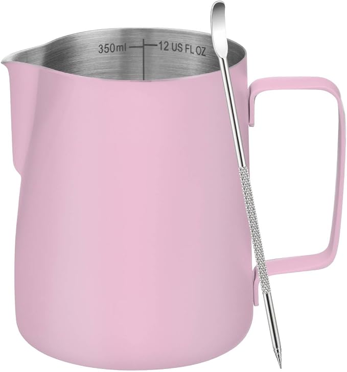Amrules Milk Frothing Pitcher 12oz Frother Cup Barista Tools, Pink | 18/8 Stainless Steel, 12oz Capacity with Clear Scale, with Decorating Pen, Ergonomic Handle, for Cappuccino, Latte & Espresso