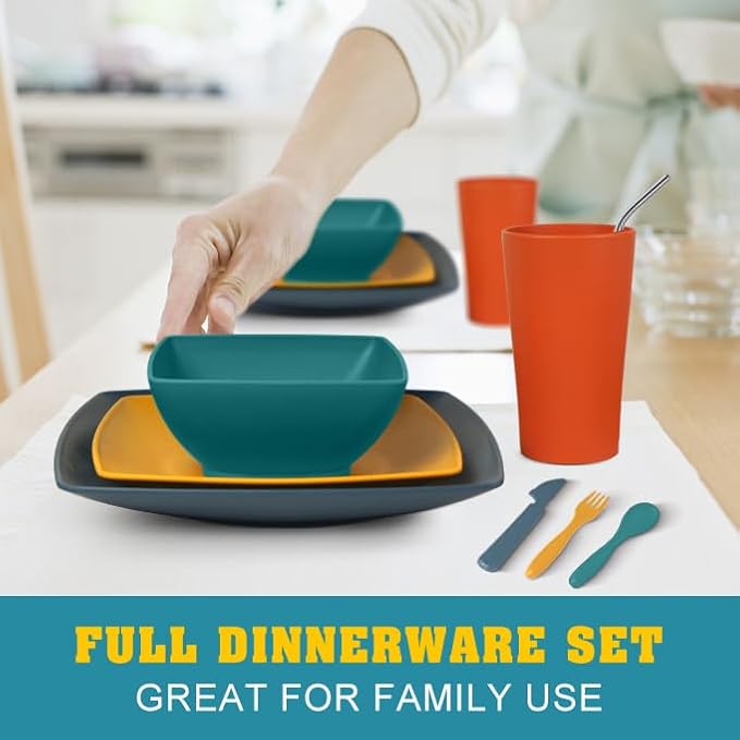 Teivio 88-piece with Flatware Plates and Bowls Sets, Dishes Set for 8 | Fall Multicolor Plastic Wheat Straw Dinnerware Sets,Unbreakable Plate set,13.5oz Cups, Dishwasher,Outdoor Kitchen RV Camping