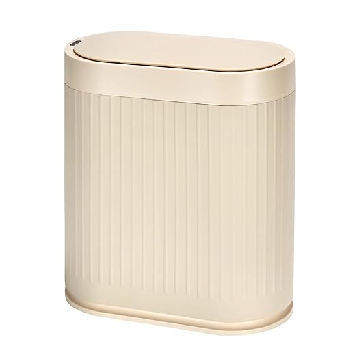 SYNCVIBE Bathroom Trash Can with Lid, 2 Gallon, Automatic Lid, Beige | Motion Sensor Garbage Can, 7.5 Liter Smart Trash Bin, IPX5 Waterproof Narrow Plastic Wastebasket for Bedroom and Office