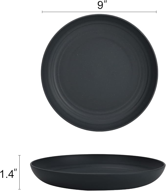 Wheat Straw Plates Unbreakable Deep Dinner Plates Set of 8 Lightweight Reusable Plastic Plates for Kitchen, Camping, Party, RV, Microwave and Dishwasher Safe Salad Plates (Black Grey, 9 inch)