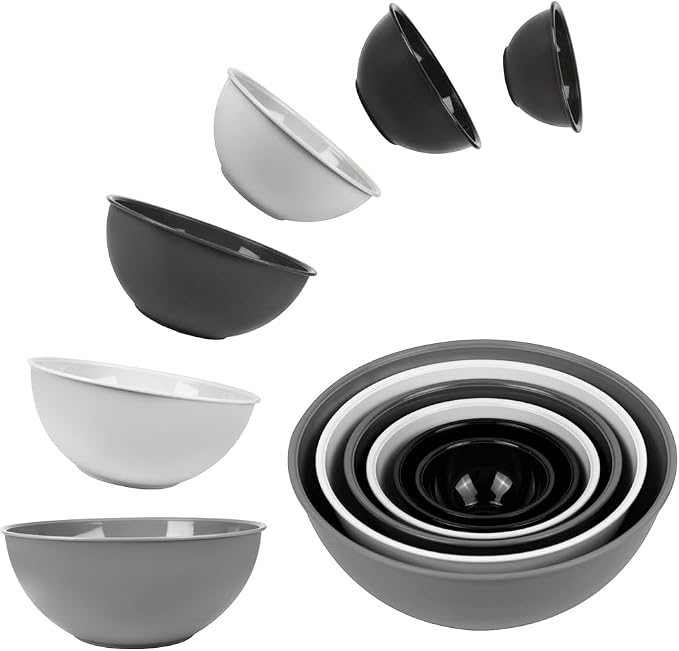 BoxedHome BPA Free Plastic Round Mixing Bowl with Lids, 12 Pack Nesting Bowls with Lids Set, Microwave and Dishwasher Safe Prep & Serving Bowls Great for Mixing, Baking, Serving (Grey, 12pcs)