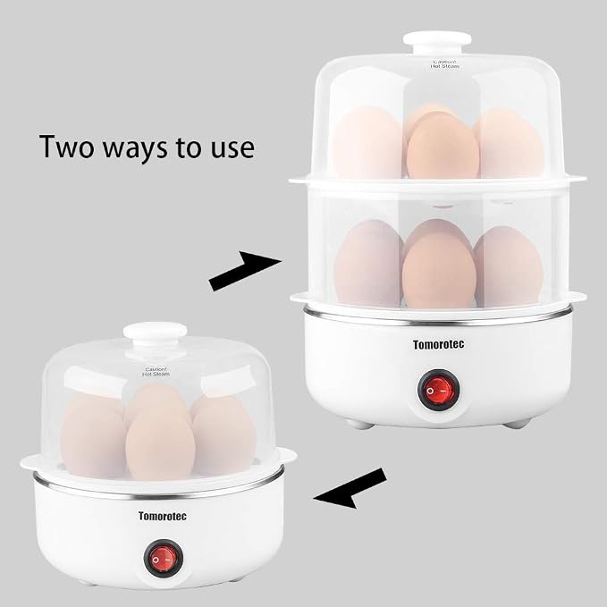 Tomorotec 14 Egg Cooker, Electric Hard Boiled Egg Boiler & Poacher, Steamer | 2-Tier Auto Shut-Off, for Vegetables, Seafood & Dumplings, Stainless Steel Plate, BPA Free, See-Through Lid, Easy Clean