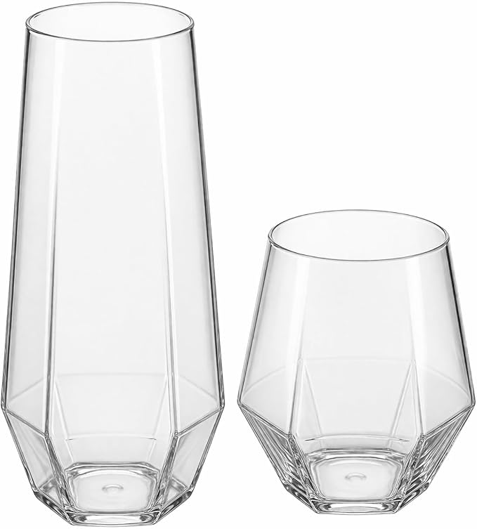 Oojami 48 Pack Diamond Plastic Champagne Flutes Stemless 9oz & 12oz Cups | Heavy Duty Disposable Mimosa Glasses, BPA-Free Shatterproof Unbreakable Recyclable Reusable, Wedding Birthday Party, Oojami
