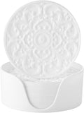 Colinda Silicone Coasters - Set of 6 with Holder, Non-Slip Cup Mats for Hot and Cold Drinks, Decorative Designs, Gift Ready Packaging, White