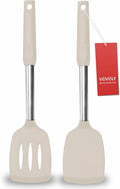2 Pack Spatulas, Solid & Slotted Silicone Spatula Set, Stainless Steel Handle Coated with Silicone, Non Stick Turners, Heat Resistant Rubber Spatulas for Fish, Eggs, Pancakes, Khaki
