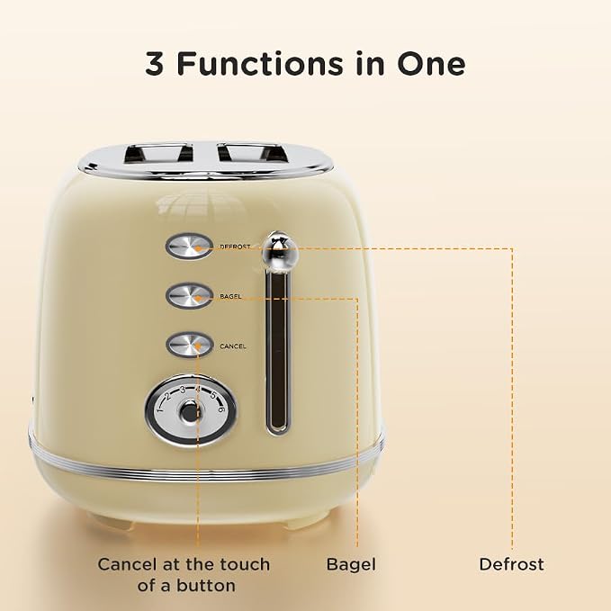 Wiltal Toaster Retro 2 Slice, Vintage White Toaster with Lid, with Bread Attachment, Preheat, Defrost And Cancel Functions, 6 Browning Levels (Beige)