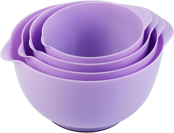 BoxedHome Nesting Plastic Mixing Bowl Set, 4 Piece Mixing Bowl Set with Pour Spouts, Size 1.7, 2.5, 3.5 and 4.5qt, for Prepping, Mixing, Baking, Cooking(2023 New Version, Purple) | 4.5/3.5/2.5/1.7 quarts,Non-slip Base Large Nesting Bowl with Pour Spout...