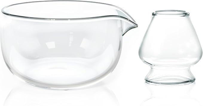 Matcha Bowl and Whisk Holder Set, Glass Matcha Bowl with Spout, Ceremonial Mixing Chawan, Clear Traditional Japanese Matcha Kit for Tea/Matcha Powder/Soup - Hammer Pattern