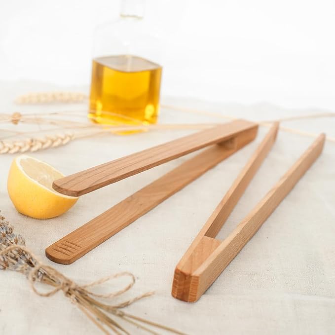 12-Inch Premium Cherry Wood Toaster Tongs – Single Piece Natural Wooden Tongs for Toast, Bread, Salad & Meat – Durable Heat-Resistant Kitchen Tongs with Ergonomic Easy-Grip Design