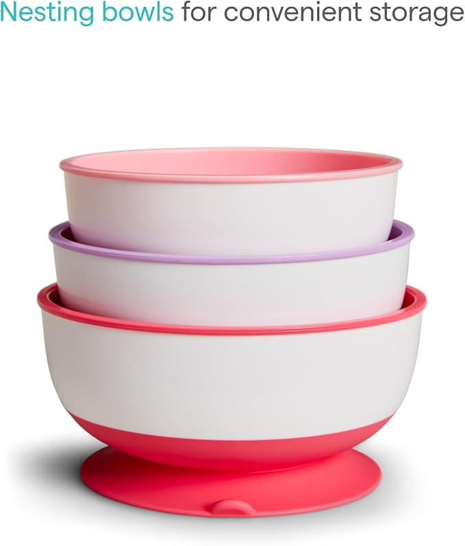 Munchkin Stay Put Munchkin Suction Baby Bowls with Lids - Dishes for Babies and Toddlers, Self-Feeding Bowl Set for Kids 6+ Months, 3 Pack, Pink/Purple