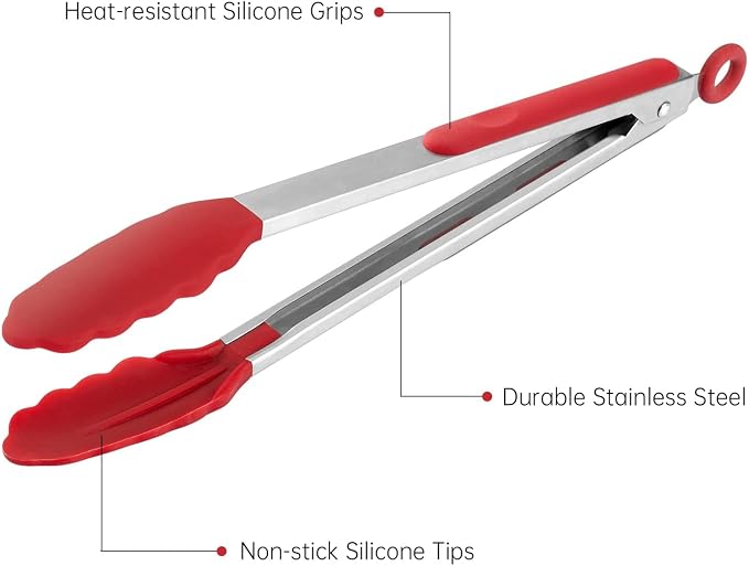 12 Inch Kitchen Tongs, Stainless Steel Cooking Tongs with Silicone Tips | For Cooking/Serving/Grilling | Heat-Resistant | Food-Grade Material | Dishwasher Safe | Red