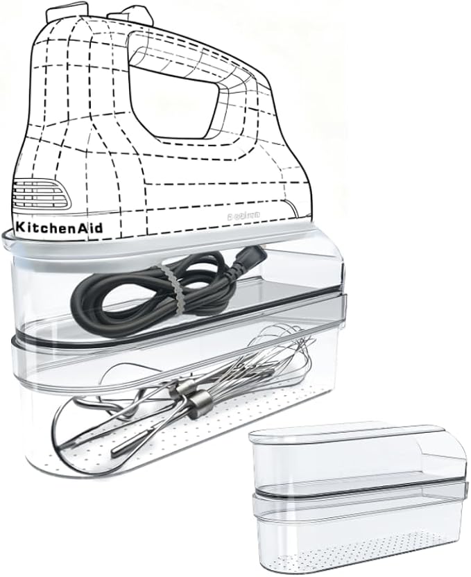 Hand Mixer Storage Case Compatible with KitchenAid KHM5, KHM6, KHM7 and KHM9 Ultra Power Hand Mixers, Double-Layer Clear Polycarbonate Organizer, Case Only