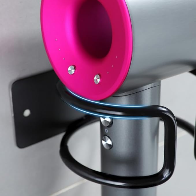 YIGII Universal Hair Dryer Holder, Wall Mounted Adhesive Rack, Black | Stainless Steel Blow Dryer Hanger Compatible with Most Hair Dryers, Space-Saving Bathroom Cabinet Storage