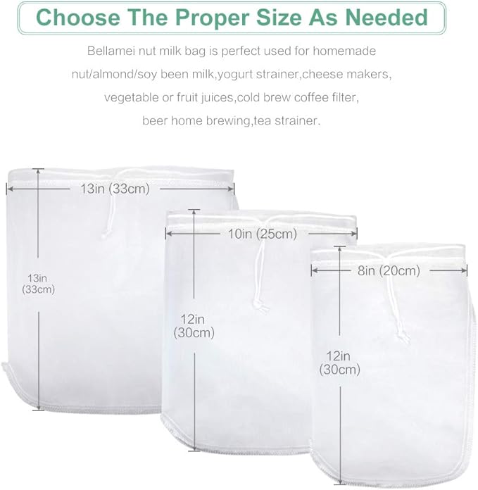 Nut Milk Bag Reusable 3 Pack Multi-size Food Strainer Nut Bags | for Straining Almond/Soy Milk Greek Yogurt Cold Brew Coffee Tea Beer Celery Juice Fine Nylon Mesh(8"x12"/10"x12"/13"x13")