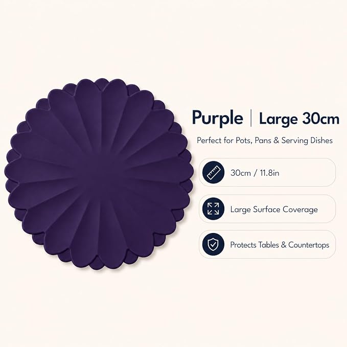 Heat-Resistant Silicone Trivet Mats, Non-Slip Hot Plate Holder for Kitchen Countertops & Dining Table, Reusable Pot Holder Pad with Secure Grip, Dishwasher Safe (Purple, Diameter: 30cm/11.81")