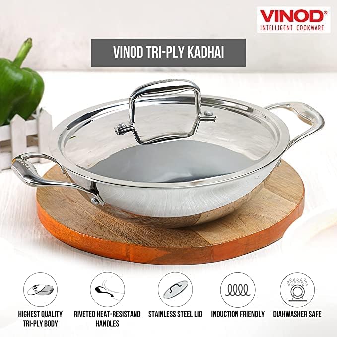 Vinod Platinum Extra Deep Kadai, 24cm, Stainless Steel, Durable Cookware | 3.3 Litre Capacity Wok For Home Kitchens; Great For Curries, Frying And Everyday Indian Cooking