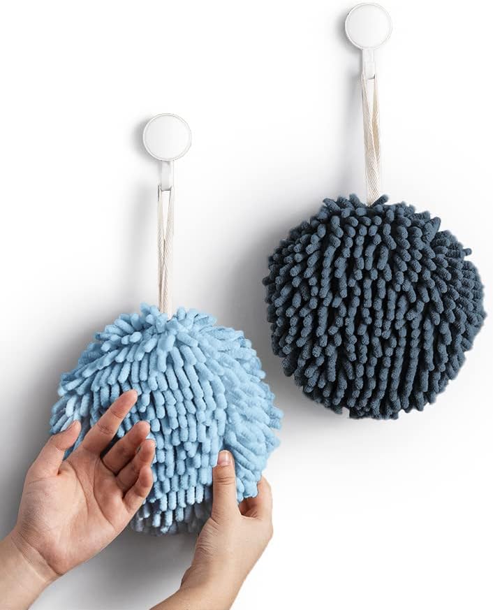 Sophie & Panda Fuzzy Ball Towel (Set of 2) Light and Dark Blue - Dry Your Hand Instantly conveniently with This Creative Bath Towel Set Decorative Towels for Bathroom (Pack of 2)