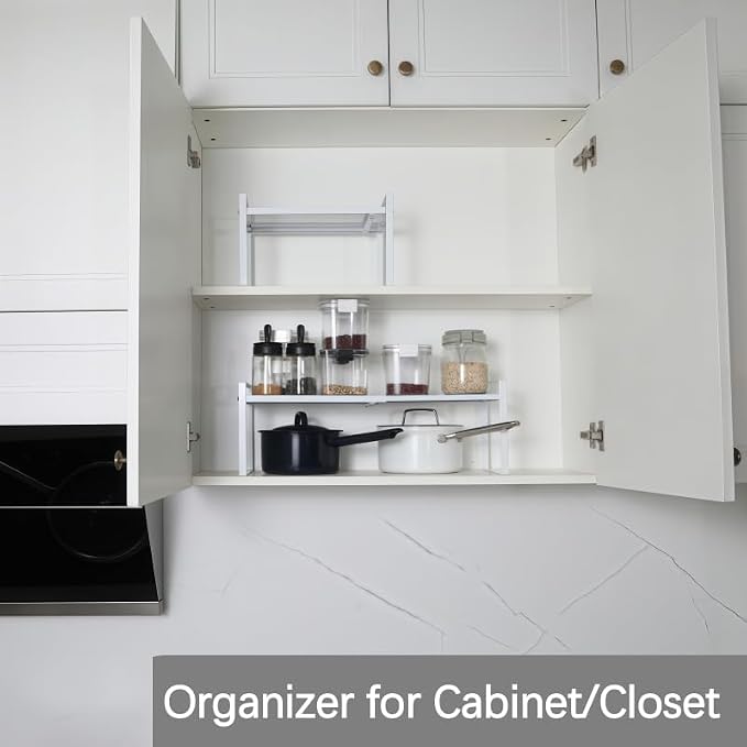 Expandable Cabinet Shelf Organizer Riser for Kitchen Pantry Cupboard Under Sink Countertop (white, 8.2’’D * 12.2-21.6’’W * 7.7’’H)
