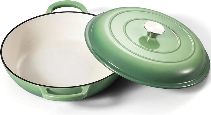 Leonyo 3.6QT Cast Iron Braiser Dutch Oven with Lid, Pistachio Green | Nonstick Enameled Cast Iron Casserole Skillet, Cast Iron Cookware Shallow Dutch Oven with Lid for All Cooktop, Oven Safe