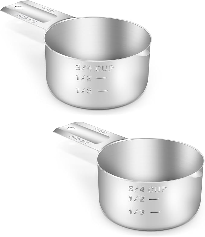 2PCS 3/4CUP(180ml, 6oz) Measuring Cup, 18/8 Stainless Steel Measure Scoop | High Precision, Food-Grade 304 SS, ‌Rust-Free, Dishwasher-Safe, Easy-Read Markings, Multi-Purpose, Sturdy & Durable