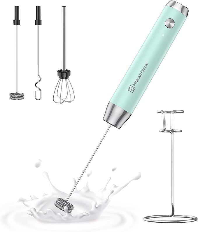 Maestri House Rechargeable Milk Frother,Stand & 3 Detachable Whisks | Lunafro Plus 8000RPM Turbo Motor, 1200mAh lithium battery, Handheld Milk Frother for, Cappuccino, Matcha & Protein Powder