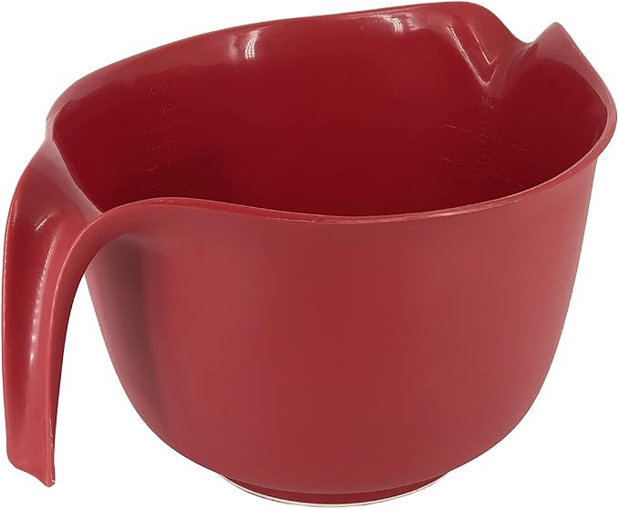 Glad Mixing Bowl with Handle – 3 Quart | Heavy Duty Plastic with Pour Spout and Non-Slip Base | Dishwasher Safe Kitchen Supplies for Cooking and Baking, Red