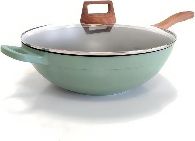 Nonstick Wok with Lid, Die-Cast Aluminum Deep Frying Pan, Skillet for Cooking, Induction Cookware, Emerald Green, 12.5 Inch