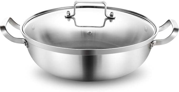 Delarlo Tri-Ply Stainless Steel Hot Pot 14 inch Everyday pan With lid, Everything Pan, Durable Deep Saute Pan, 7QT Induction Cooking Pot,Woks & Stir-Fry Pans Oven Safe Stock Pot
