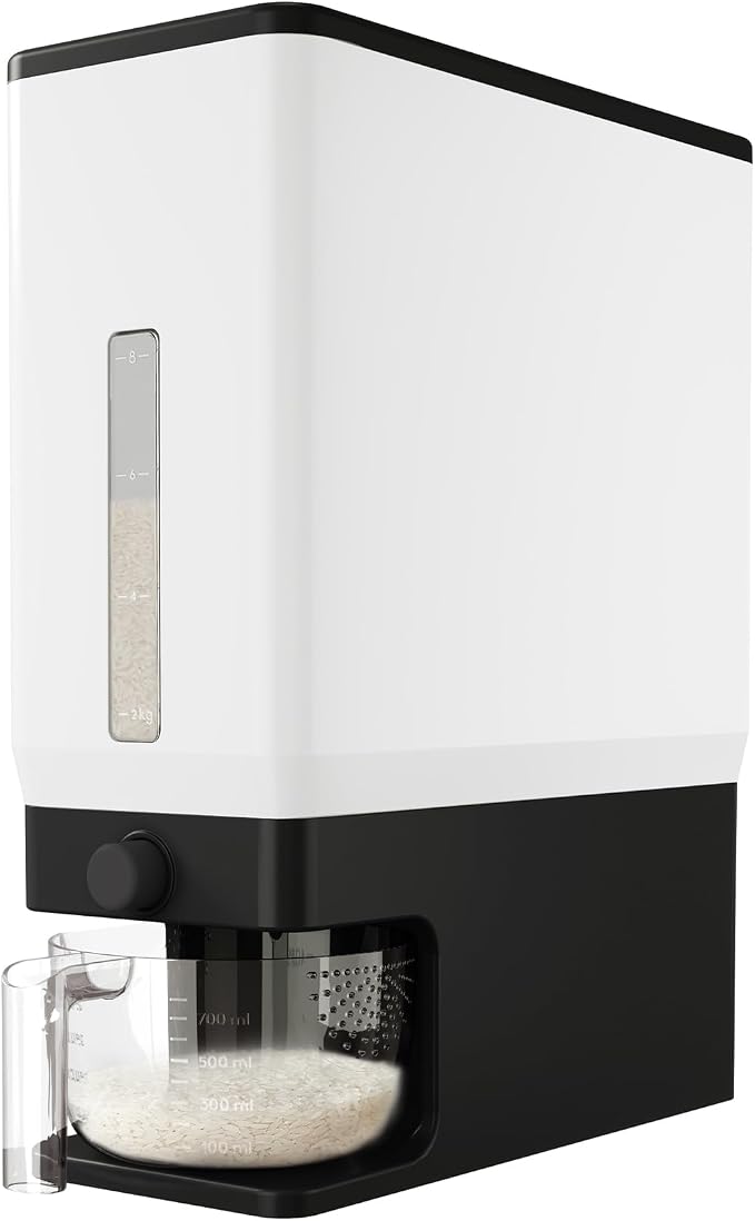 Lifewit Rice Dispenser 25 Lbs, Airtight Storage with Measuring Cup, Black | BPA-Free 11.3kg Capacity Storage Container for Beans, Corn & Other Small Grains, One-Press Dispensing Bin for Kitchen Pantry