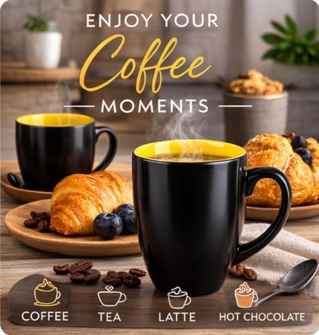 GBhome 16 oz Coffee Mugs Set of 6, Ceramic Coffee Cups- Yellow