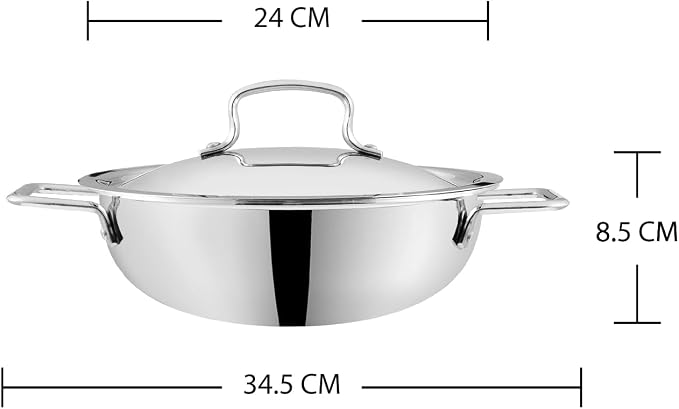 Vinod Platinum Triply Kadai, Extra Deep, 24cm, Induction, for Home Kitchen | Stainless Steel Wok For Sauces, Stews And Soups; Electric Stove Compatible, Durable Tri-Ply Base