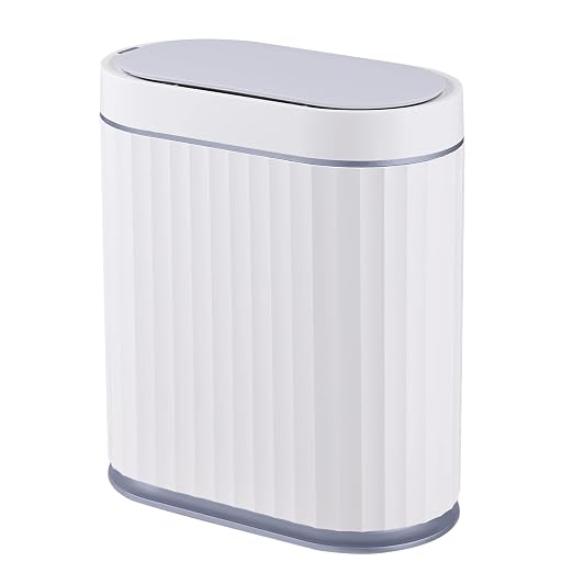 ELPHECO Bathroom Trash Can with Lid, 2 Gallon, Motion Sensor, White Grey | Automatic Garbage Can, Slim Plastic Wastebasket, Smart Trash Bin for Bedroom, Bathroom and Office