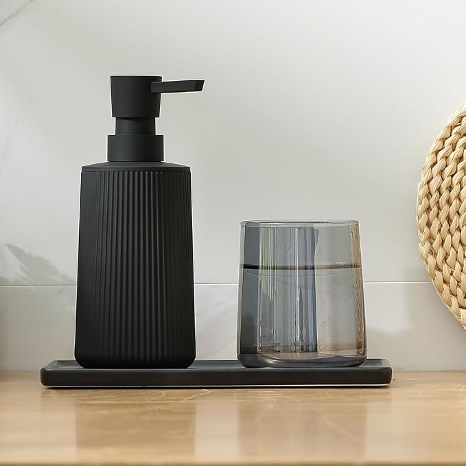 YAUKPH Small Soap Dispenser for Bathroom and Kitchen Matte Black | Modern Farmhouse Striped Style Plastic Hand Soap Dish Soap Dispenser with Pump
