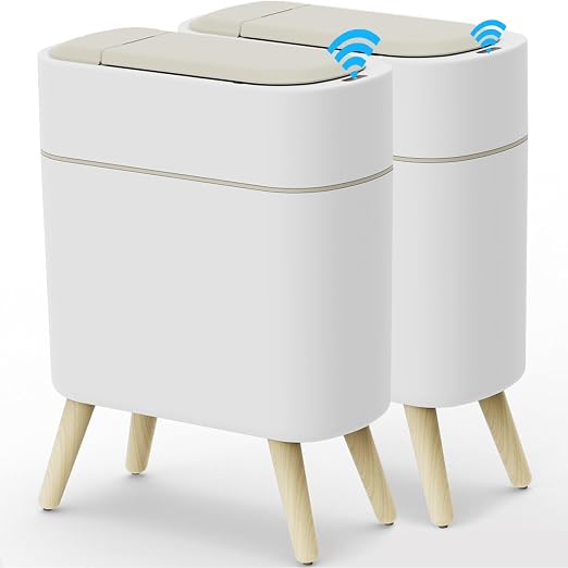 Yatmung 2 Pack - Motion Sensor Trash Can with Lid - Slim Smart Garbage Can | Waste Basket for Bedroom, Office, Kitchen, Living Room - Automatic Trash Can Bathroom Touchless - White with Wooden Legs
