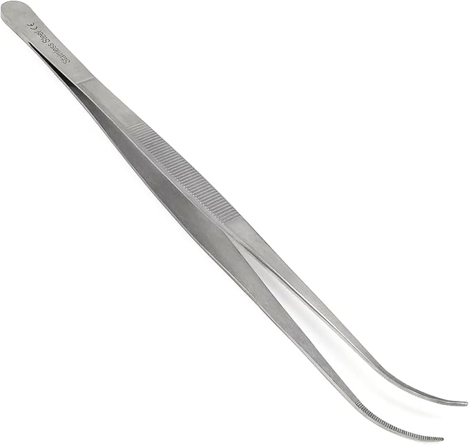 Professional Culinary Stainless Steel Precision Tongs With Serrated Tips - 12 Inch Curved Plating/Food Presentation Detailing Serving Tweezer - Chef's Kitchen Ultra Non-Slip Grip