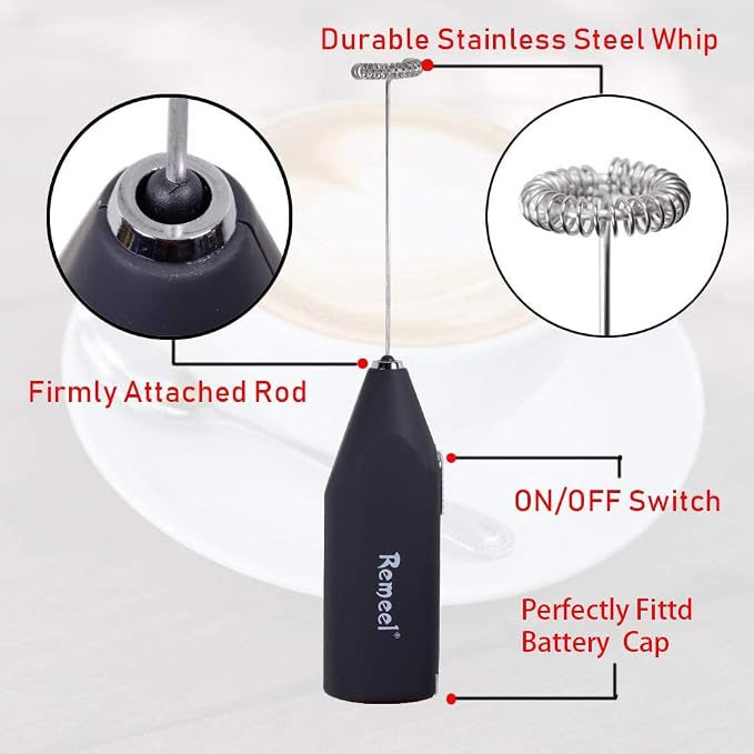 Handheld Milk Frother with Stainless Steel Whisk, Portable and Powerful Foam Maker for Morning Coffee, Latte, Cappuccino, Hot Chocolate (Black)