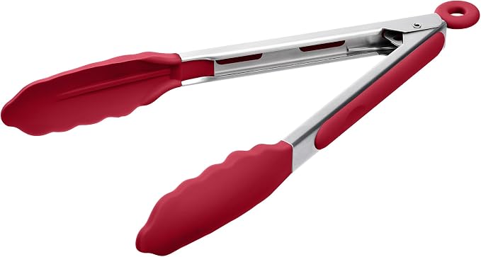 Doosu Kitchen Tongs with Silicone Tips for Cooking Serving (9in, Red) | 600°F Heat Resistant Food Tong, Heavy Duty Stainless Steel Locking Tong for BBQ, Grilling Steak, Salad, Toast, Pasta