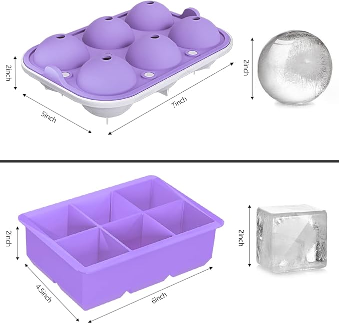 2 Pack Ice Cube Tray, 2" Sphere Ice Ball Mold with Lid & Large Square Maker | Perfect for Whiskey, Cocktails, Bourbon, and Homemade Drinks, Creating Slow-Melting Ice That Keeps Beverages Chilled Longer