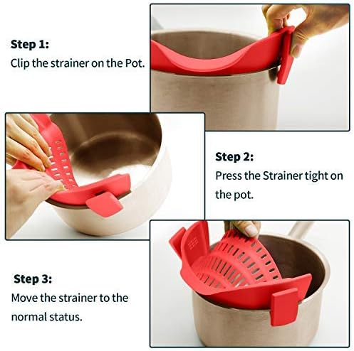 AUOON Clip On Strainer for Pots, Standard 8.86 x 3.55 in, Red | Food-grade Silicone, Fits Pots Pans Bowls, Dishwasher Safe, for Pasta Noodles Vegetable Fruits, Space-saving Kitchen Gadget