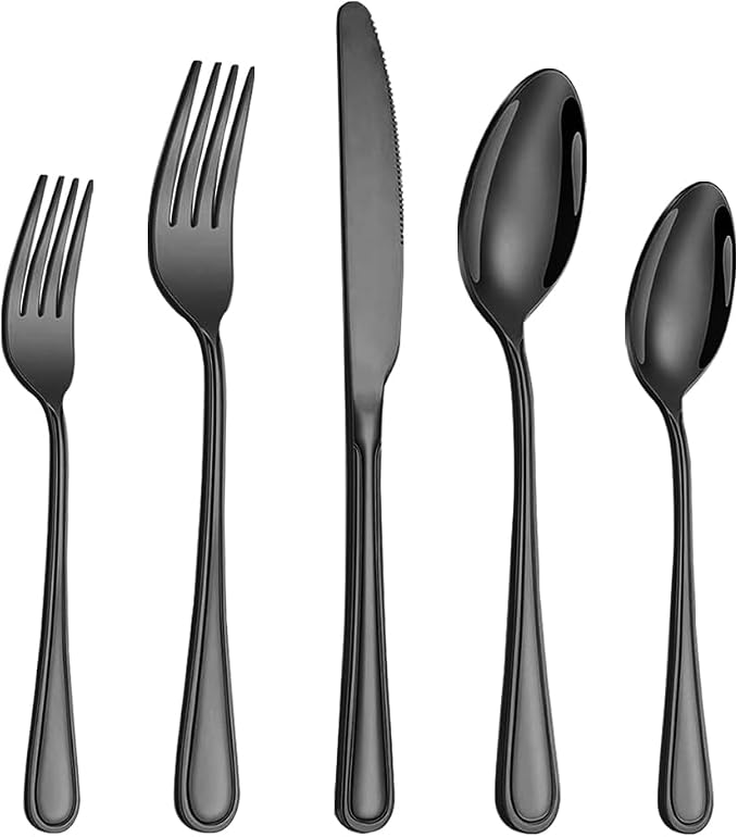 Silverware Set,20-Piece Stainless Steel Flatware Set for 4 | Food-Grade Stainless Steel Cutlery Set,Dishwasher Safe,Mirror Finished Utensil Sets for Home Restaurant,Double-Stripe,Black