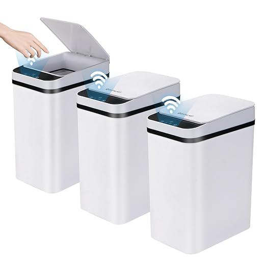 3 Pack Bathroom Trash Can with Lid, 2.5 Gallon Small Slim Trashcan, Automatic Trash Can Touchless, Motion Sensor Waterproof Plastic Trash Bin for Bedroom Kitchen Office Living Room (White)