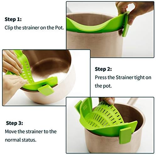 AUOON Clip On Strainer for Pots, Standard 8.86 x 3.55 in, Green | Food-grade Silicone, Fits Pots Pans Bowls, Dishwasher Safe, for Pasta Noodles Vegetable Fruits, Space-saving Kitchen Gadget