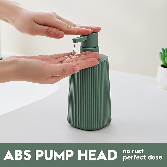YAUKPH Small Soap Dispenser for Bathroom and Kitchen Matte Green | Modern Farmhouse Striped Style Plastic Hand Soap Dish Soap Dispenser with Pump
