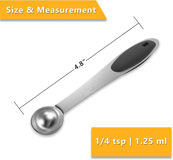 2PCS 1/4Tsp(1.25ml) Measuring Spoon, Stainless Steel Measure Scoop | Accurate, BPA-Free, Dishwasher Safe, Silicone Grip, Engraved Marking, Kitchen Essential